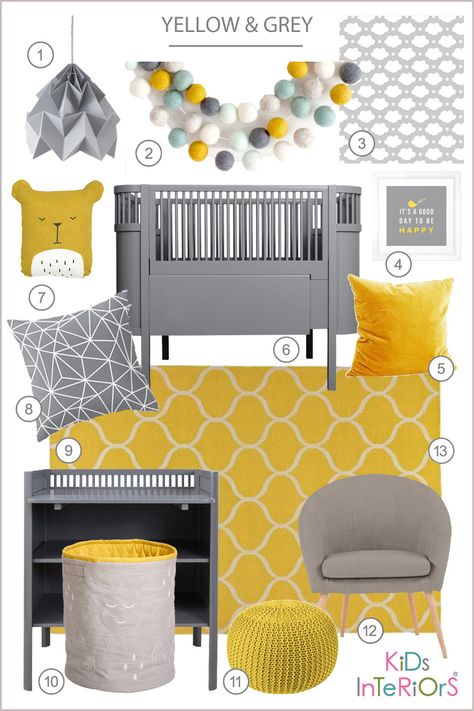 Yellow and Grey Styleboard for Nursery - by Kids Interiors Baby Zimmer Ikea, Yellow And Grey Nursery, Yellow Kids Rooms, Baby Room Boy, Gray Nursery, Baby Room Neutral, Yellow Nursery, Grey Nursery, Baby Room Design