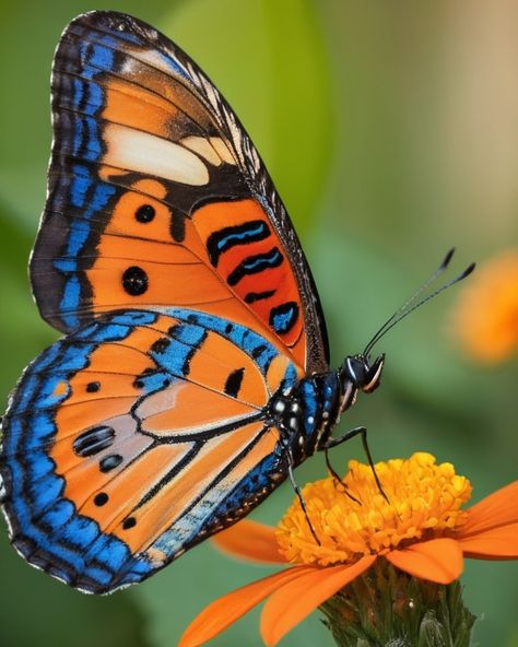 Winged Jewel: Nature's Delicate Masterpiece Generate a close-up shot of a vividly colored butterfly with intricate blue, orange, and black patterns on its wings. The butterfly should be resting on a bright orange flower, with its delicate wings spread wide, showcasing the vibrant, almost iridescent details. The background should be softly blurred with warm tones, enhancing the focus on the butterfly and the flower. Capture the fine textures of the butterfly's wings and the soft petals of the ... Orange Butterfly Photography, Blue And Orange Butterfly, Kindergarten Art Crafts, Colored Butterfly, The Metamorphosis, Swallowtail Butterfly, Orange Butterfly, Kindergarten Art, Merry Go Round