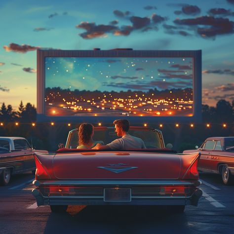 Drive-In Romance: A couple enjoys a nostalgic evening at a drive-in theater in a vintage convertible car. #drive-in #romance #convertible #couple #movie #vintage #twilight #nostalgia #aiart #aiphoto #stockcake https://ayr.app/l/h2rB Retro Drive In, Retro Drive In Movie Aesthetic, Movie In Car Date, Drive In Movie Date, Theatre Tattoo, Couple Movie, Car Cinema, Drive In Cinema, Vintage Convertible