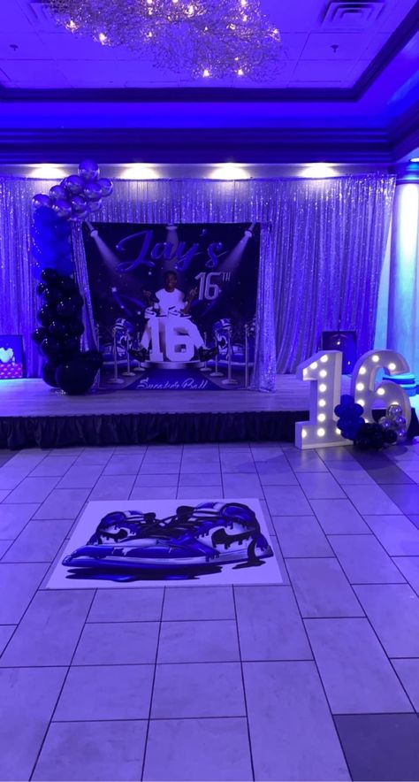 Sweet 16 Party Ideas Tomboy, Sneaker Ball Birthday Party, Sneaker Ball Theme Party, Sweet 16 Sneaker Party Ideas, Blue And Black Sweet 16, Sweet 16 Night Club Theme, Sweet Sixteen Party Themes Blue, Sweet 16 Jordan Theme, Sneaker Ball Party Ideas