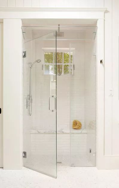 Entry With Bench, Grid Shower Door, Glass Tub Enclosure, Swinging Shower Door, Upgrade Bathroom, Marble Bench, Shower Door Designs, Bathroom Shower Doors, Shower Door Handles