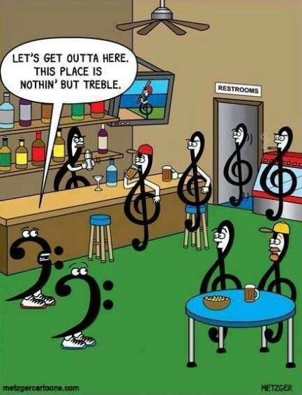 Lets get outta this place..nothing but treble here. Orchestra Humor, Musical Jokes, Music Puns, Musician Humor, Band Jokes, Music Cartoon, Music Jokes, Band Nerd, Music Nerd