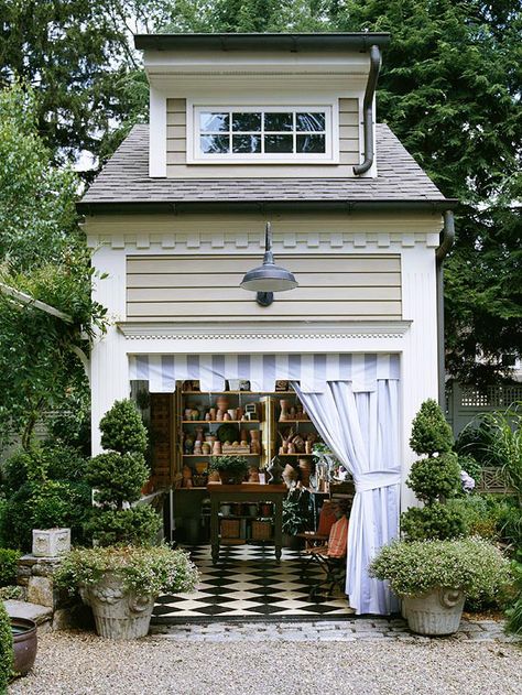 My garden shed, with its natural light and checkerboard floor, provides for a quiet and elegant work space. Thanks, Better Homes and Gardens, for making my dreams come true...at least on Pinterest! Shed Inspiration, Shed Playhouse, Backyard Sheds, Potting Sheds, She Sheds, Have Inspiration, Backyard Retreat, Earthship, Potting Shed