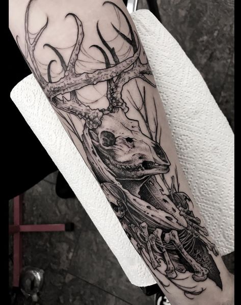 Gothic Ram Skull Tattoo, Tattoo Ideas For Men Forearm Creative, Ferryman Tattoo, Leshy Tattoo, Wendigo Tattoo, Cryptid Tattoo, Ursula Tattoo, Christmas Tattoos, Slavic Tattoo