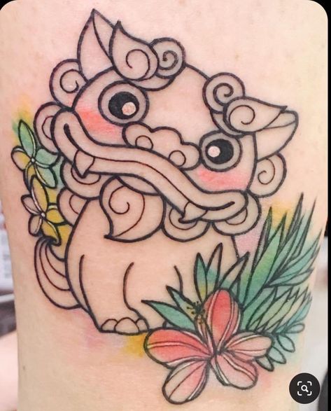 Japanese Shisa Dog Tattoo, Small Foo Dog Tattoo, Okinawa Shisa Dog Tattoo, Shisa Dog Art, Cute Foo Dog Tattoo, Female Fu Dog Tattoo, Okinawan Shisa Dog Tattoo, Komainu Tattoo Design, Okinawa Tattoo Ideas