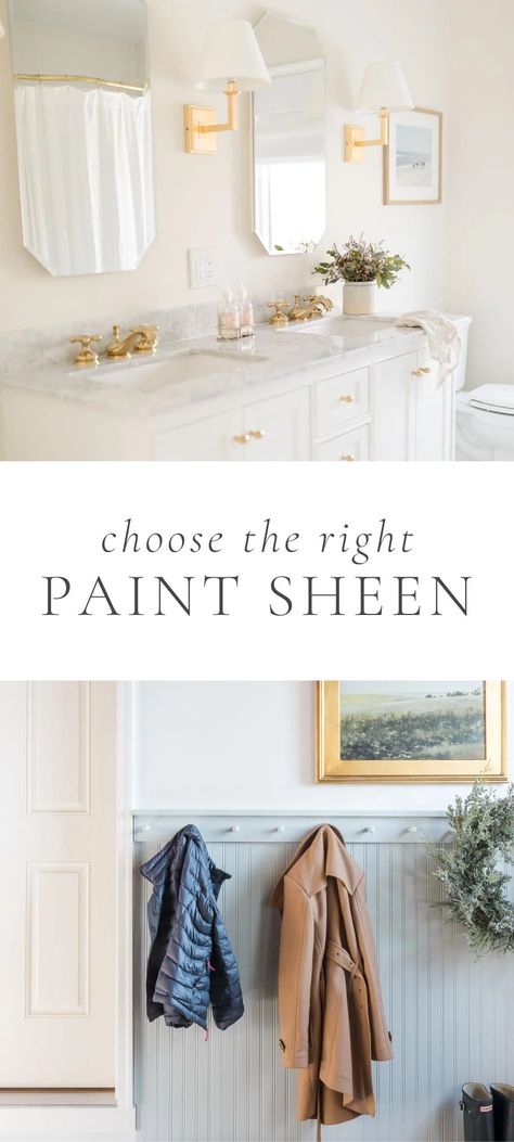 You’ve chosen the perfect paint color – now what? It turns out that your next decision is just as important. Choosing the right paint sheen is essential for both the design and function of a space. What Paint Sheen To Use In Bathroom, Sherwin Williams Silent Ripple, What Sheen Of Paint To Use, Satin Paint On Walls, Bathroom Paint Finish, Eggshell Paint Color, Neutral Bathroom Paint Colors, Bathroom Ceiling Paint, Paint Sheen Guide