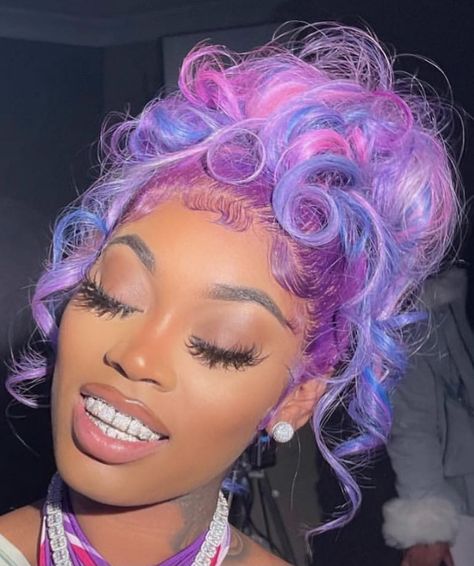 Baddie Black Women, Pink Purple Blue Hair, Updo Hairstyles For Black Women, Blue And Purple Hair, Blue And Pink Hair, Aliexpress Hair, Cute Hair Colors, Creative Hair Color, Character Board