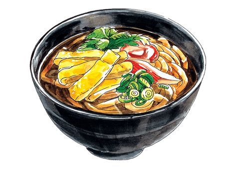 Japanese food illustration: Udon - Chanmi La Japanese Food Illustration, Dessert Illustration, Food Artwork, Food Sketch, Food Cartoon, Watercolor Food, Food Painting, Japanese Dishes, Illustration Food