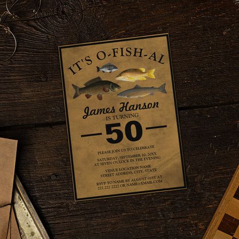 $2.8 | Traditional Rustic Fishing | 50th Birthday - fishing, rustic, 40th, 50th, 60th, fishing birthday, fish, milestone birthday, o-fish-al, adult fishing birthday invitation Fishing Theme Birthday, Fishing Birthday Invitations, 50th Birthday Invitation, Rustic Background, 50th Birthday Invitations, Fishing Birthday, Traditional Rustic, Bold Text, Fishing Theme