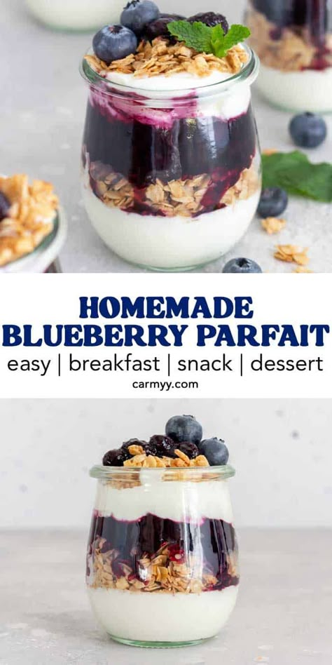 Made with a handful of simple ingredients, this homemade blueberry parfait recipe comes together so quickly and easily! Frozen blueberries cooked down into a delicious sauce and then layered with creamy yogurt and crunchy granola, this blueberry yogurt parfait is perfect to enjoy for breakfast, a snack, or as a dessert. Blueberry Parfait Recipes, How To Make Yogurt Parfait, Healthy Blueberry Dessert Recipes, Parfait Recipes Yogurt, Simple Blueberry Recipes, Blueberry Meals, Parfait Recipes Healthy, Breakfast Ideas With Blueberries, Berry Parfait Dessert