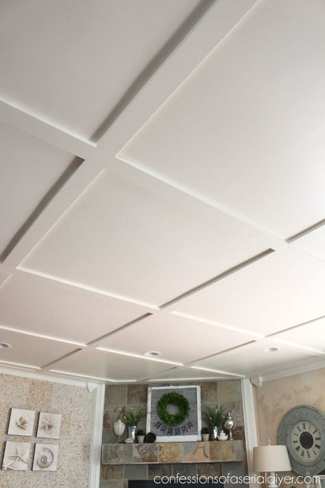 Faux-Coffered-Ceiling-to hide popcorn ceiling Faux Coffered Ceiling, Island Kitchens, Ceiling Remodel, Kitchens Ideas, Ceiling Trim, Decorating Kitchen, Organization Kitchen, Basement Ceiling, Backsplash Kitchen