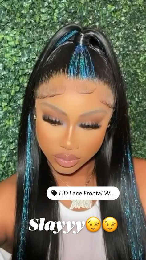 Frontal Wig With Glitter, Frontal With Tinsel, Wig With Glitter Highlights, Weave With Tinsel, Glitter Strands In Wig, Hair Tinsel Wig, Ponytail With Tinsel, Wigs With Glitter, Hair Tinsel Black Women