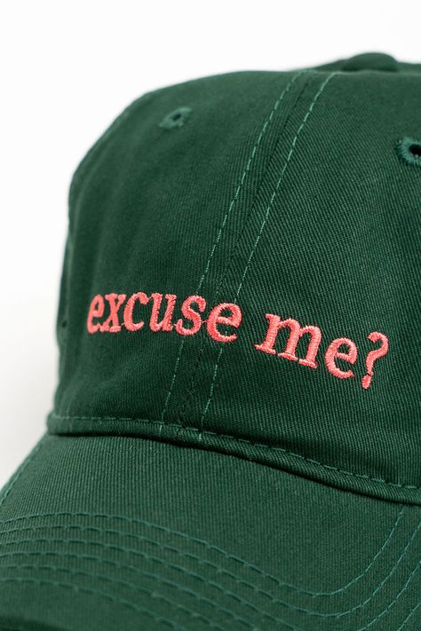 My Accessories London Excuse Me? Baseball Cap in Green Excuse Me where did you get that fantastic hat ?! You'll be looking and feeling good when you can create an effortless and affordable street style like Hailey Bieber and Kendall Jenner with our range of slogan caps. Care: Please Do Not Wash. Wipe Clean. Composition: 85% Cotton 15% Polyester Hardware: Aluminium Sizing: One Size Product Code: AS22HA70 Hailey Bieber And Kendall Jenner, Coastal Cowboy, Hats Collection, Outfit Essentials, Sewing Machine Basics, Future Style, Basketball Mom, Shirt Embroidery, Feeling Good