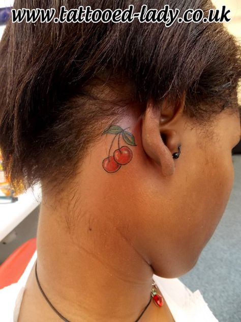 Cherries behind ear tattoo by the Tattooed Lady #smalltattoo #tattoos www.tattooed-lady.co.uk Cherry Neck Tattoo, Cherry Behind Ear Tattoo, Cherry Tattoo Behind Ear, Cherry Face Tattoo, Cherry Tattoos, Hello Kitty Tattoos, Face Tattoo, Cute Tattoos For Women, Dainty Tattoos