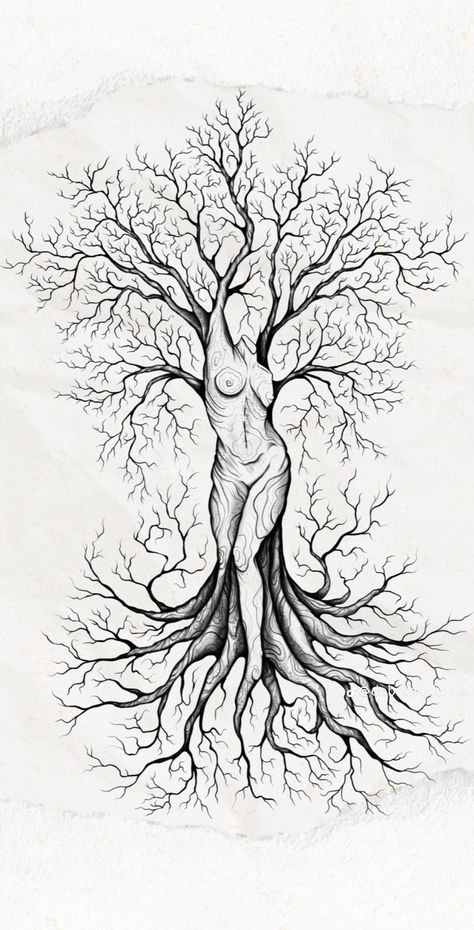 Female Tree Tattoo, Back Tattoo Women Sketch, Upside Down Tree Tattoo, Tree Arm Tattoo Woman, As Above So Below Tree Tattoo, Tree Root Tattoos For Women, Half Tree Drawing, Tree Woman Drawing, Tree Back Tattoo Women