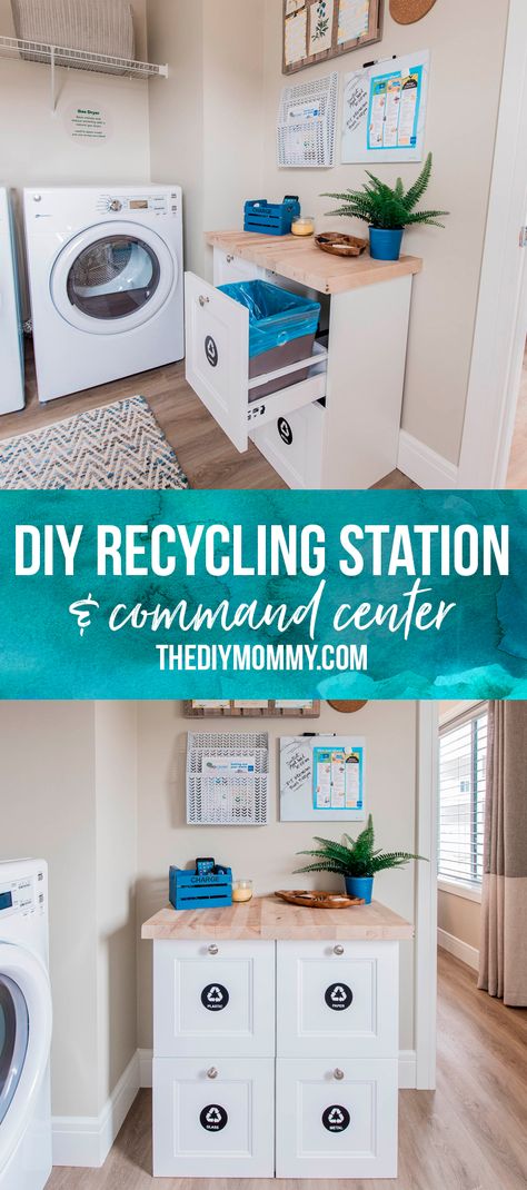 Great idea! Build an organized home recycling station in your mud room / laundry room with Ikea kitchen cabinets with a family command center above. Home Recycling Station, Inexpensive Kitchen Cabinets, Home Recycling, Recycling Storage, An Organized Home, Recycling Station, Mudroom Organization, Galley Style Kitchen, Family Command Center