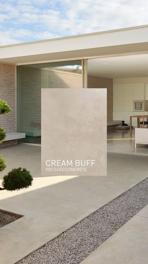 One of our most inviting Polished Concrete floor colours, Cream Buff allows you to create a genuinely relaxing atmosphere and helps to brighten up pretty much any space, especially if there’s lots of natural light available. / #architecture #interiordesign #homeideas Large Concrete Tile Floor, Polished Concrete Colours, Beige Concrete Flooring, Sand Color Concrete Floor, Concrete Colours Outdoor, Off White Concrete Floors, Greige Concrete Floors, Concrete Floor Interior Design, Best Way To Clean Concrete Floors