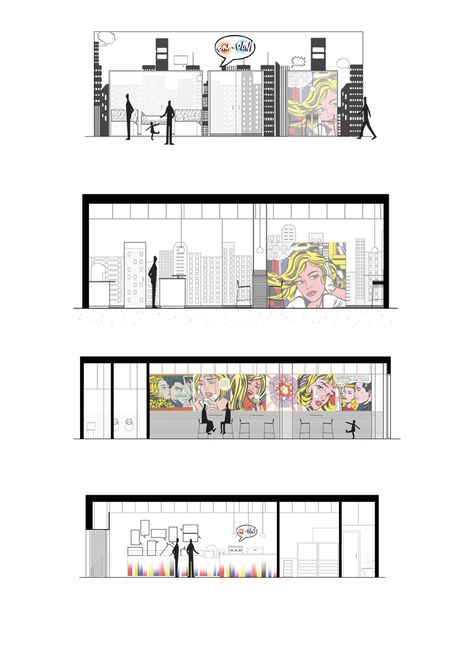 PIM - PAN! Bakery cafe - Elevation & sections Cafe Elevation Design, Bakery Architecture Design, Bakery Architecture, Commercial Design Retail, Interior Design Presentation Boards, Interior Architecture Sketch, Architecture Design Process, Bakery Design Interior, Renovation Architecture