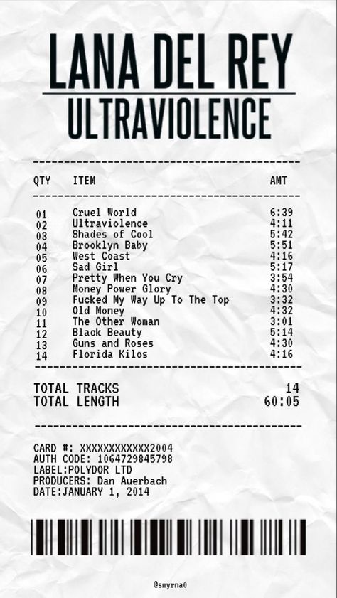 Receipt Lana Del Rey, Ultraviolence Aesthetic Wallpaper, Ultraviolence Wallpaper, Ultraviolence Poster, Album Receipt, Clear Phone Case Design, Lana Del Rey Ultraviolence, Money Power Glory, Pretty When I Cry