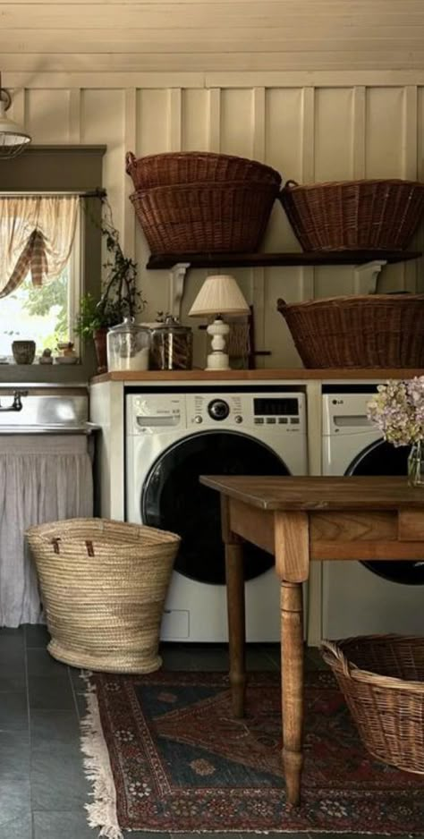 Mud Room Ideas With Sink, Folk Home Aesthetic, Cottage Colonial Decor, Diy Cottage Furniture, Grandmas Farmhouse Aesthetic, Laundry Basket Vintage, Old Fashioned House Decor, Laundry Room Antique Cabinet, House Interior Laundry Room