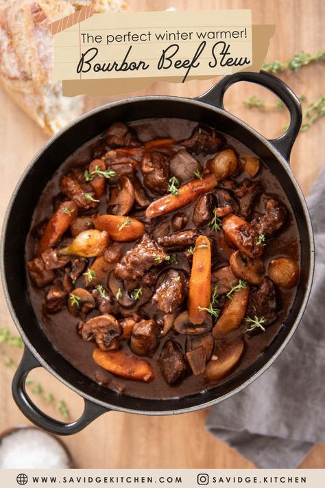 Get ready to cozy up with a big bowl of Bourbon Beef Stew - a hearty hug in a pot! This recipe takes tender chunks of chuck roast on a flavorful journey through pancetta, pearl onions, and mushrooms, all drenched in the rich embrace of bourbon and red wine. Simmer to perfection, and voila! This recipe serves 4-6 people. It's a thick and luxurious stew that pairs perfectly with crusty sourdough, blankets, and the chill of cold weather. This is the perfect winter warmer! Bourbon Beef Stew, Bolar Roast Recipes, Thick Beef Stew Recipe, Beef Chunks Recipes, Bourbon Beef, Thick Beef Stew, Pearl Onions, Beef Tips, Brussels Sprouts Recipe