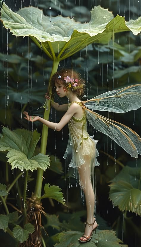 A forest fairy hides from the rain under a large burdock leaf Enchanted Forest Fairies, Ethereal Fairy Aesthetic, Old Fairytale Illustration, Fairy Concept Art, Fairy Forest Aesthetic, Brunette Fairy, Magical Forest Aesthetic, Rain Fairy, Fairy City