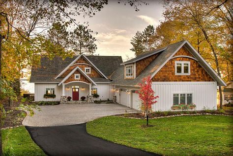 I lilke this combination of white board and batten and natural cedar shake. Land's End Development Exterior Beach House, Cedar Shingle Siding, White Farmhouse Exterior, White Exterior Houses, Cedar Shake, Lake Houses Exterior, White Siding, Cedar Shakes, Farmhouse Paint Colors