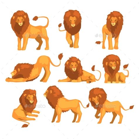 Proud powerful lion character in different actions set of cartoon vector Illustrations isolated on a white background. Lion Cartoon Drawing, Lion Character, Lion Sketch, Lion Artwork, Lion Illustration, Lion Drawing, Animal Illustration Art, Animal Doodles, Cute Lion