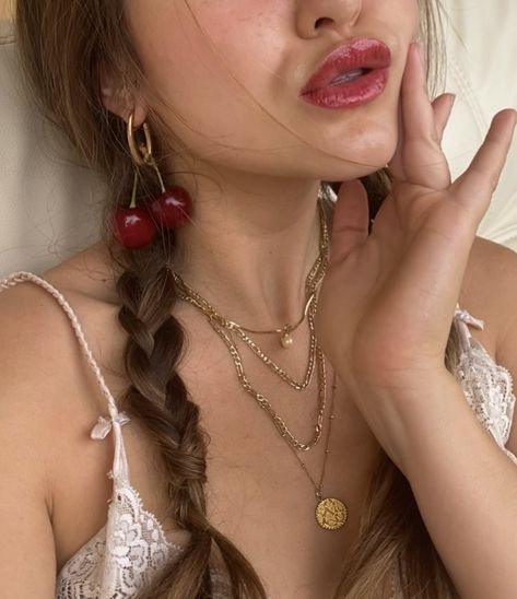 Cherry lipstick, lipgloss, hair inspo, jewelry stack, summer look, fruit Cherry Lipgloss, Lipgloss Lips, Cherry Lips, Summer Feeling, Aesthetic Girl, Cherry, Lips, Music, Beauty