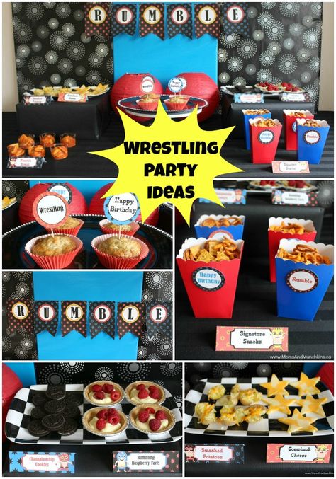 Wrestling Party Ideas with a printable party set Wrestling Themed Food, Royal Rumble Party Food, Wrestling Party Food, Wrestling Party Ideas, Wwe Birthday Party Ideas, Wrestling Birthday Parties, Wrestling Birthday, Wrestling Party, Wwe Birthday Party