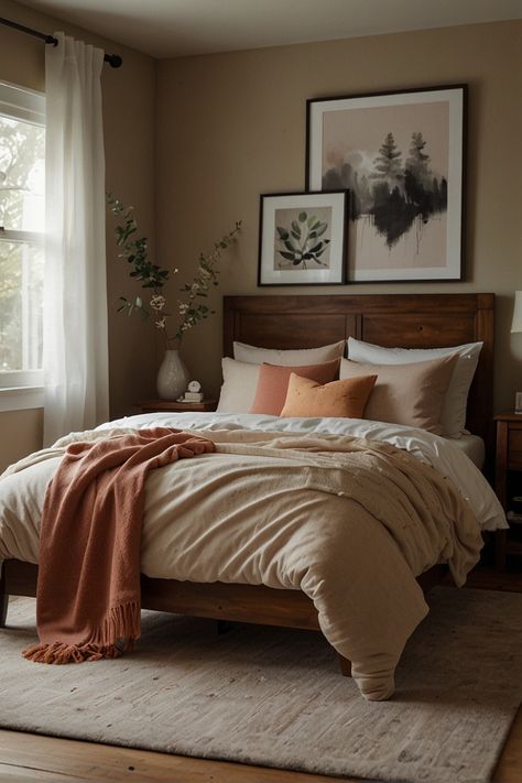 Romantic Aesthetic Bedroom Ideas, Bedroom Inspirations Master Cozy Colorful, Rust Colored Bedroom, Small Bedroom Ideas For Couples, Cottage Details, Soothing Bedroom, Bedroom Color Combination, Warm Bedroom, Dreamy Decor