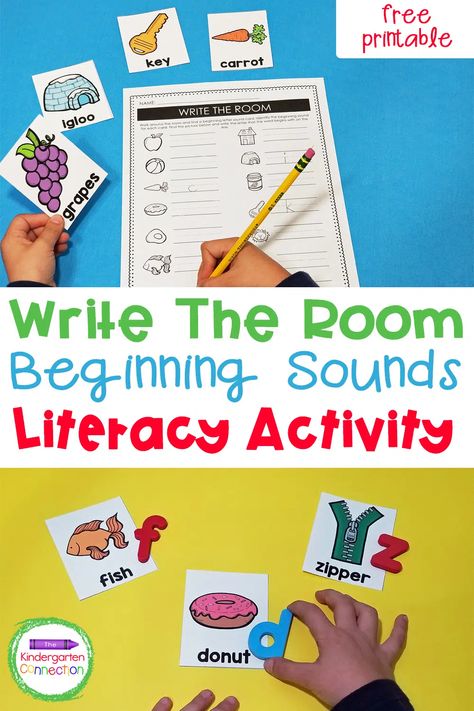 FREE Write the Room Beginning Sounds Activity for Kindergarten Write The Room Kindergarten Freebie, Kindergarten Write The Room, Fall Write The Room, Write The Room Kindergarten, Kinder Literacy Centers, Kindergarten Reading Centers, Pre-k Writing, Writing Center Kindergarten, Read The Room