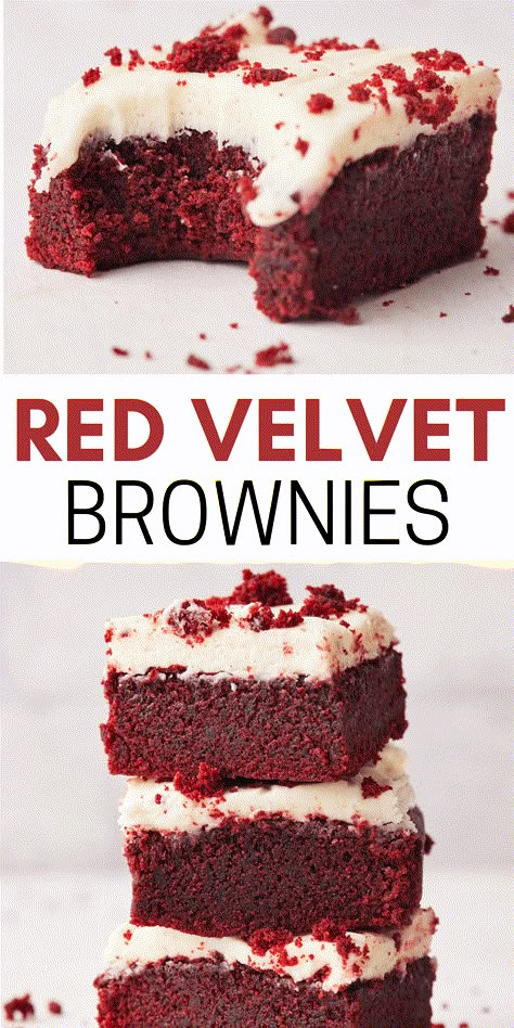 These red velvet brownies are the perfect combination of red velvet cake and gooey brownies. They are fudgy and chewy and have that gorgeous red velvet color. The cream cheese frosting on top really finishes them off, making them the perfect dessert for valentines day, christmas or even just as an anytime treat. Easy to make and a super pretty twist on homemade brownies. #redvelvet #redvelvetrecipes #redvelvetbrownies #brownies #bakingideas #valentiensdesserts #christmasdesserts #reddesserts Dessert For Valentines Day, Brownies With Cream Cheese Frosting, Red Velvet Brownies Recipe, Red Velvet Color, Brownies With Cream Cheese, Velvet Desserts, Red Velvet Desserts, Velvet Brownies, Cookie Recipes From Scratch