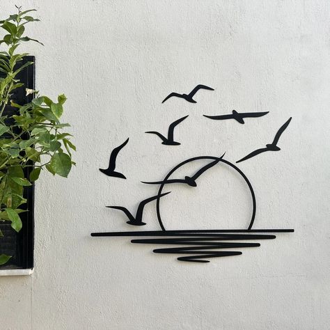 Sunrise and Birds Wall Art, Sun and Seagulls Metal Wall Decor, Metal Wall Art, Wall Hangers, Home Decor, Bird Art,patio Decor,sunset - Etsy Simple Wall Paintings, Funny Dancing, Architecture Portfolio Design, Geometric Wall Decor, Laser Art, Dancing Gif, Wall Paintings, Bird Wall Art, Outdoor Wall Art