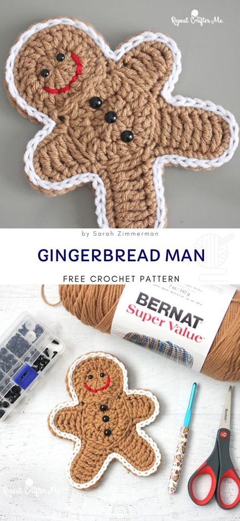 Christmas Crochet Ornaments | Pattern Center Christmas Crochet Ornaments, Gingerbread Man Crochet, Crochet Ornaments Free Pattern, Gingerbread Man Free, Crochet Free Patterns, Crochet Ornament Patterns, Crocheted Christmas, Repeat Crafter Me, Crochet Xmas