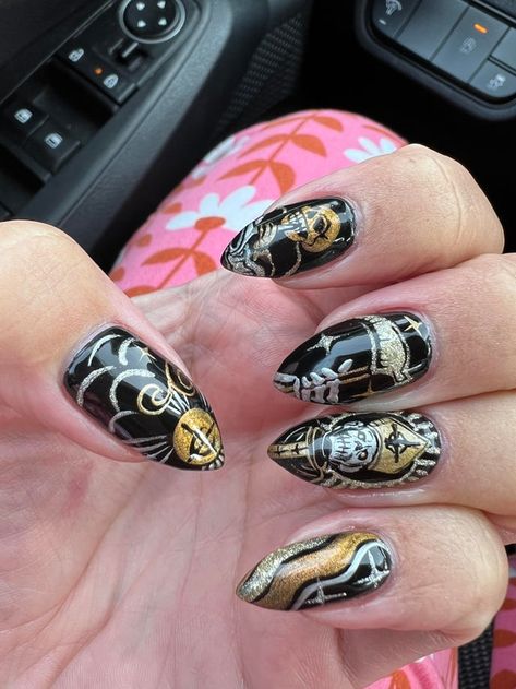 Ghost Band Nails Acrylic, Ghost Band Themed Nails, Ghost The Band Nails, Ghost Bc Nails, Ghost Band Nail Art, The Band Ghost Nails, Tarot Nails Acrylic, Ghost Band Nails, Tarot Card Nails