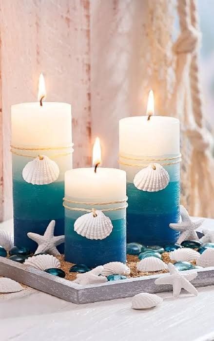 Diy Unique Candles, Pillar Candles Diy, Velas Aesthetic, Ocean Candle, Lilin Aroma, Candle Making Recipes, Diy Candles Homemade, Wax Candles Diy, Homemade Scented Candles