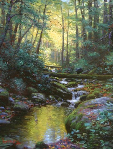 Cool Shadows by Mark Keathley Pine Forest Painting, Forest Canvas Painting, Forest Stream, Waterfall Paintings, River Painting, Water Fall, Lake Art, Forest Painting, Sky Painting