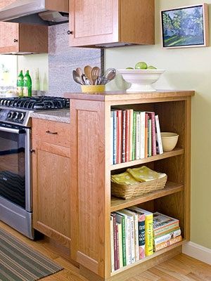 A small bookcase at the end of the kitchen units. Raised up makes it the perfect place for a fruit bowl and to leave the post. Storing Cookbooks, House Schemes, Kitchen Bookcase, Hide Clutter, Kitchen Bookshelf, Cookbook Storage, Redecorating Ideas, Corner Kitchen Cabinet, Cabinets Ideas