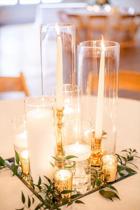 Elegant and romantic gold wedding reception centerpiece, including candles, mirrors, and stunning greenery at this Knights of Columbus Wedding in Savannah GA by Francesca Caputo Photography Wedding Centerpiece Mirror Base, Wedding Table Mirror Centerpieces, Just Candles Centerpiece, Wedding Centerpieces Pillar Candles, Wedding Mirror Centerpieces, Elegant Wedding Centerpiece Ideas Receptions, Simple Wedding Candle Centerpieces, Gold Mirror Centerpiece Wedding, Elegant Old Hollywood Wedding