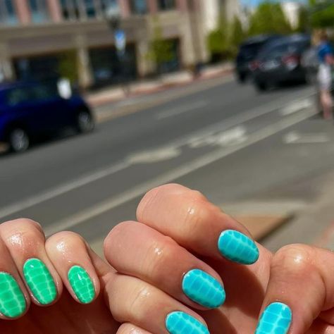 Jenna Kelly | Utah Nail Artist on Instagram: "the cutest color combo 🦋❇️🌀🩵  @hairby.dezi eeeek another set that we absolutely loveee, you da best always :) @haha_nails_products fruit loop cuticle oil   #blushbeautyandco #utahnails #utahnailtech #ogdennails #ogdennailtech #nailinspo #nailinspiration #nailinstagram #summernails #summernailart #springnails #springnailart #crocnails #bloomingnails #bluenails #boycottboringnails #greennails #tourqoisenails #brightnails #colorfulnails #naturalnails #hardgelnails #gelnaildesign #gelnailart #luminarynails #luminarynailsystem" Green And Blue Acrylic Nails, Green And Blue Nails Designs, Luminary Nails Design, Green And Blue Nails, Blue And Green Nails, Jenna Kelly, Nails Products, Hard Gel Nails, Acrylic Ideas