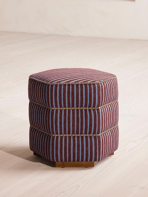 A stacked, hexagonal silhouette is defined by richly colored Kortini Stripe upholstery. An extension of our Lyla range, this footstool is enlivened with striped boucle upholstery surrounded by contrasting piping in our House bisque linen colorway. Soho Home Lyla Footstool, Kortini Stripe, Us Outdoor Footstool, Quilted Curtains, Indigo Linen, Striped Upholstery, Soho Home, Leather Footstool, Bathroom Vanities For Sale, Armchair Furniture, Soho House