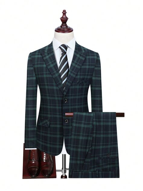 Blue Work Collar   Plaid  Embellished Non-Stretch  Men Clothing Mens Plaid Suit, Plaid Suit Men, Blue And Green Plaid, Plaid Suit, Mens Plaid, Suit Set, Green Plaid, Men Clothing, Fashion Sense