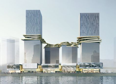 Creating a loop in the sky which symbolises integration, connection and communication, Hengqin CRCC Plaza features a signature sky bridge that links all four towers within the development and offers office, retail and leisure facilities as well as outdoor terraces. The four towers include a... Sky Bridge, Mixed Use Development, Architectural Rendering, Mix Use Building, Zhuhai, Tall Buildings, Office Tower, Skyscraper Architecture, Tower Design