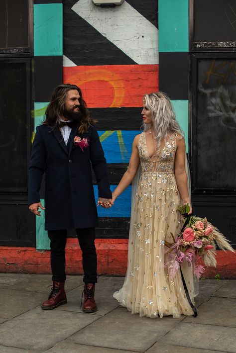 Alternative Colour Wedding Dress, Coloured Wedding Dress Alternative, Wedding Looks For Bride, Wedding Dresses Unique Nontraditional, Rock Wedding Dress, Eclectic Wedding Dress, Different Color Wedding Dresses, Funky Wedding Dress, Festival Wedding Dress