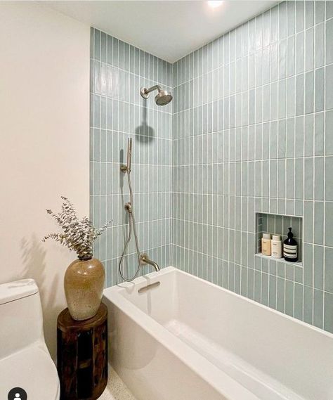 Vertical Shower Tile, Mint Green Bathrooms, Mint Bathroom, Green Subway Tile, Green Tile Bathroom, Condo Bathroom, Subway Tiles Bathroom, Bathroom Plan, Bathtub Tile