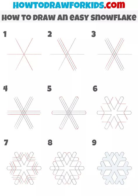 How to Draw an Easy Snowflake - Easy Drawing Tutorial For Kids Draw A Snowflake, Easy Snowflake, Snowflakes Drawing, Teaching Drawing, Simple Snowflake, Easy Drawing Tutorial, Easy Doodles, Drawing Tutorials For Kids, Doodles Drawings