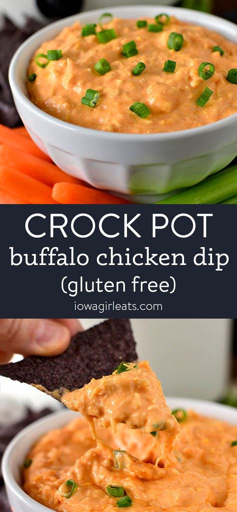 Crock Pot Buffalo Chicken Dip - Iowa Girl Eats Crock Pot Buffalo Chicken Dip, Eat Appetizers, Crock Pot Buffalo Chicken, Gluten Free Dips, Dips Appetizers, Bunco Ideas, Gluten Free Party Food, Dip Recipes Hot, Buffalo Chicken Dip Crock Pot