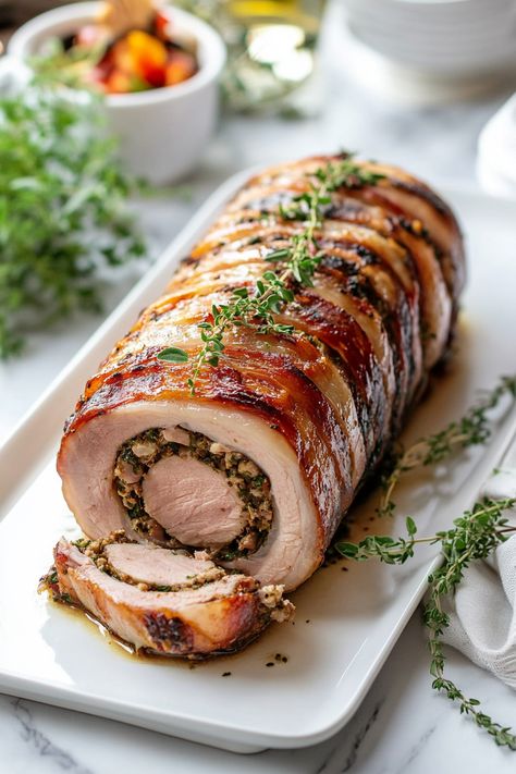 Delicious Christmas Stuffed Pork Roast Stuffed Roasted Pork Loin Oven, Pork Tenderloin Thanksgiving, Xmas Food Dinner, Stuffed Pork Tenderloin Recipes In Oven, Christmas Dinner Entrees, Holiday Pork Loin, Christmas Feast Dinner, Rainbow Meals, Stuffed Pork Loin Roast