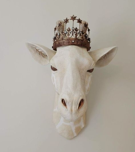 Crowned faux taxidermy giraffe head. Faux Animal Heads On Wall, Animal Heads On Wall, Faux Taxidermy Decor, Elephant Pottery, Star Tiara, Faux Animal Head, Taxidermy Decor, Head Wall Decor, Giraffe Head